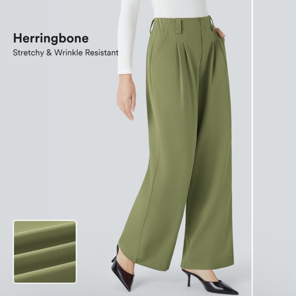 Halara High Waisted Pocket Herringbone Wide Leg Work Pants Pull On Green Size XL